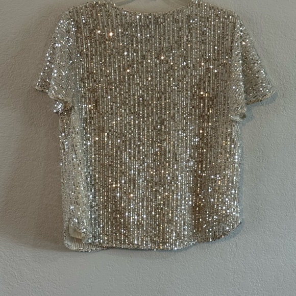Loft Beige Tan Ivory Sequin Short Sleeve Party Top Shirt Women's Size Medium - Picture 6 of 11
